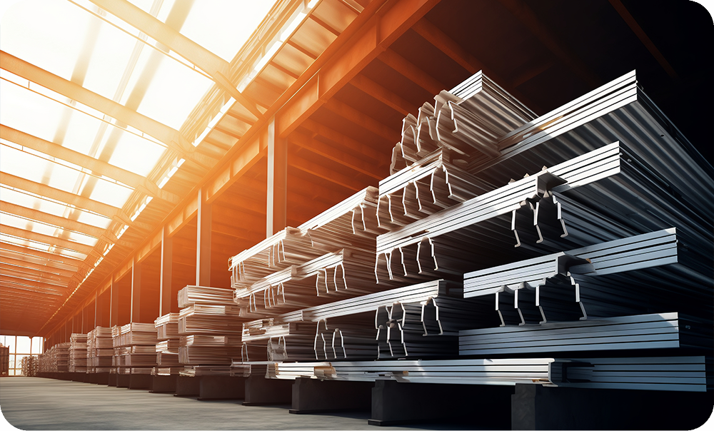 Industrial metal manufacturing facility with stacked steel/aluminum profiles, highlighting Mingkai Environmental’s bag cage solutions for abrasive dust and corrosion in metal processing.