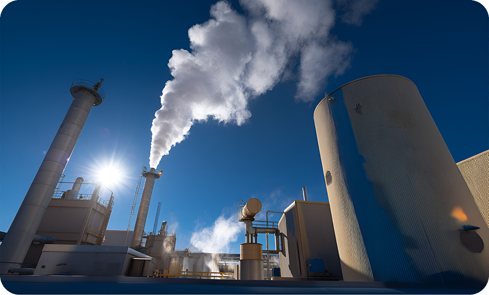 Industrial facility in the energy & power sector (e.g., power plant or waste incineration plant) with chimneys and equipment under a clear sky, illustrating Mingkai Environmental’s filtration solutions for high-temperature flue gas challenges.
